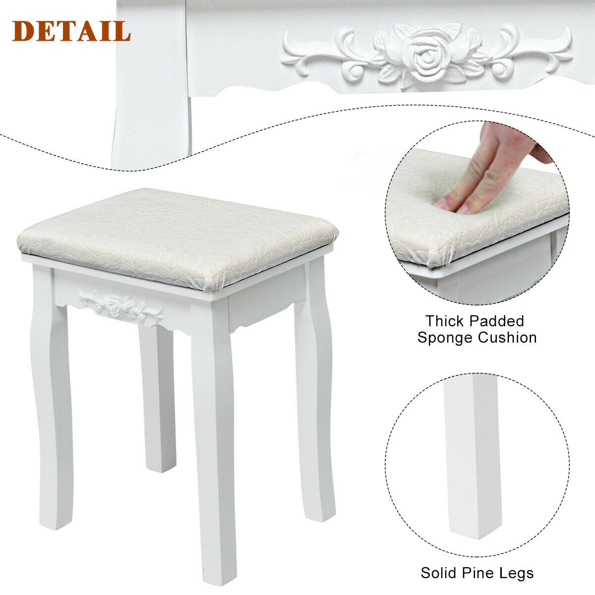 Dimmable Light Bulbs Vanity Dressing Table, 2 Dividers, Cushioned Stool, White Makeup Vanities at Gallery Canada