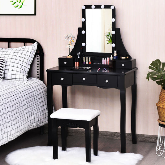 Dimmable Light Vanity Table With Dividers, Cushioned Stool, Black Makeup Vanities Black at Gallery Canada