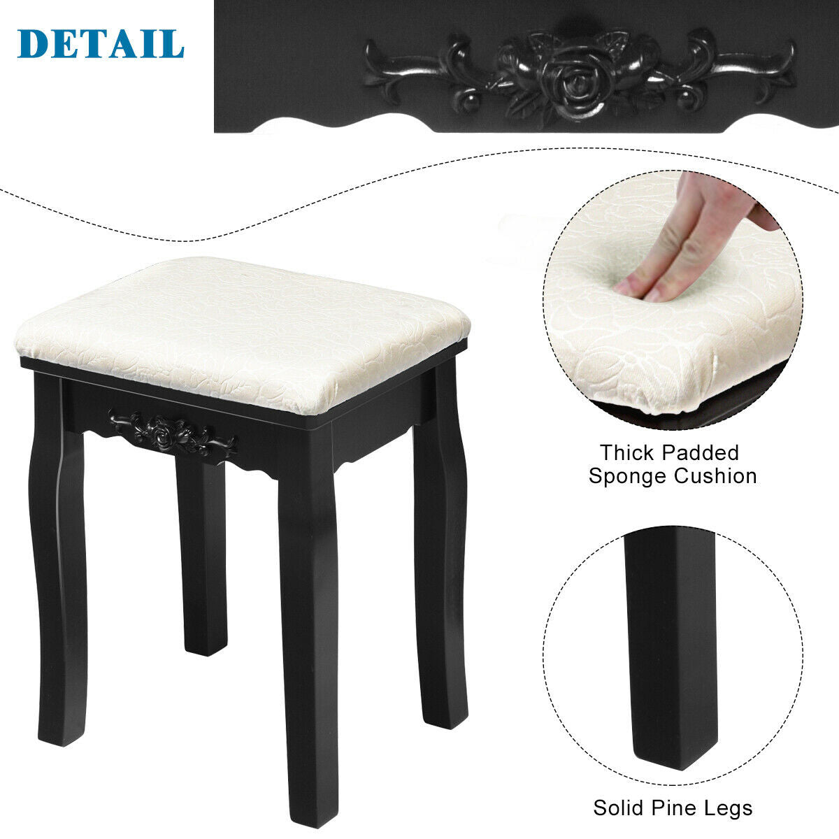 Dimmable Light Vanity Table With Dividers, Cushioned Stool, Black Makeup Vanities at Gallery Canada