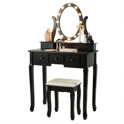 5 Drawers Vanity Table Stool Set with 12-LED Bulbs, Black