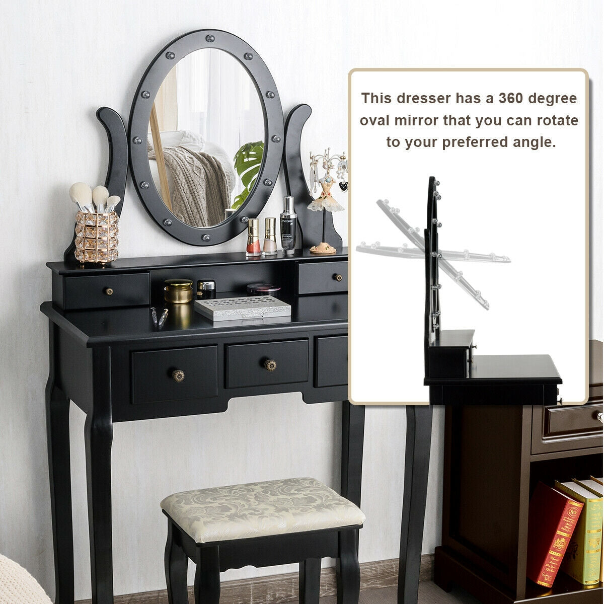 5 Drawer Vanity Table Stool Set, 12 LED Bulbs, Black Makeup Vanities at Gallery Canada