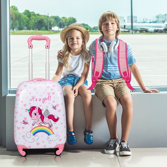 Ensemble de 2 bagages pour enfants, sac à dos de 12 pouces et valise à main pour enfants de 16 pouces à roulettes, rose
