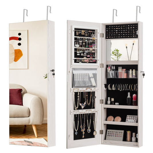 Lockable Storage Jewelry Cabinet  with Frameless Mirror, White
