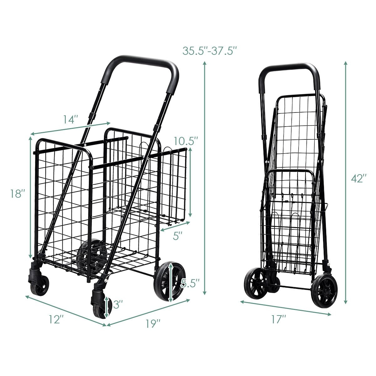 Folding Shopping Cart Basket Rolling Trolley with Adjustable Handle, Black at Gallery Canada