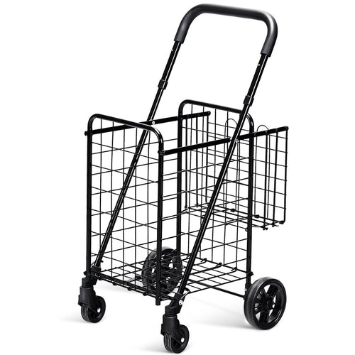 Folding Shopping Cart Basket Rolling Trolley with Adjustable Handle, Black
