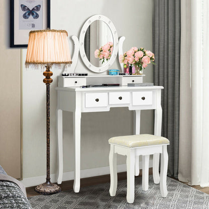 5 Drawers Vanity Dressing Table Stool Set with 12 LED Bulbs, White at Gallery Canada