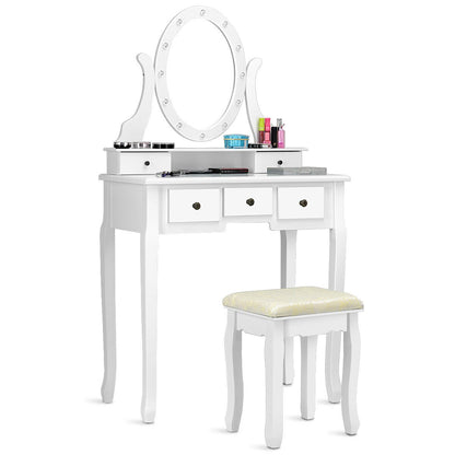 5 Drawers Vanity Dressing Table Stool Set with 12 LED Bulbs, White at Gallery Canada