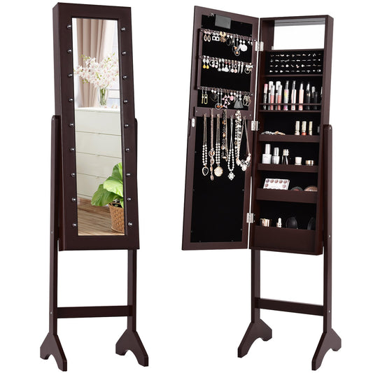 Mirrored Jewelry Cabinet Armoire Organizer w/ LED lights, Brown