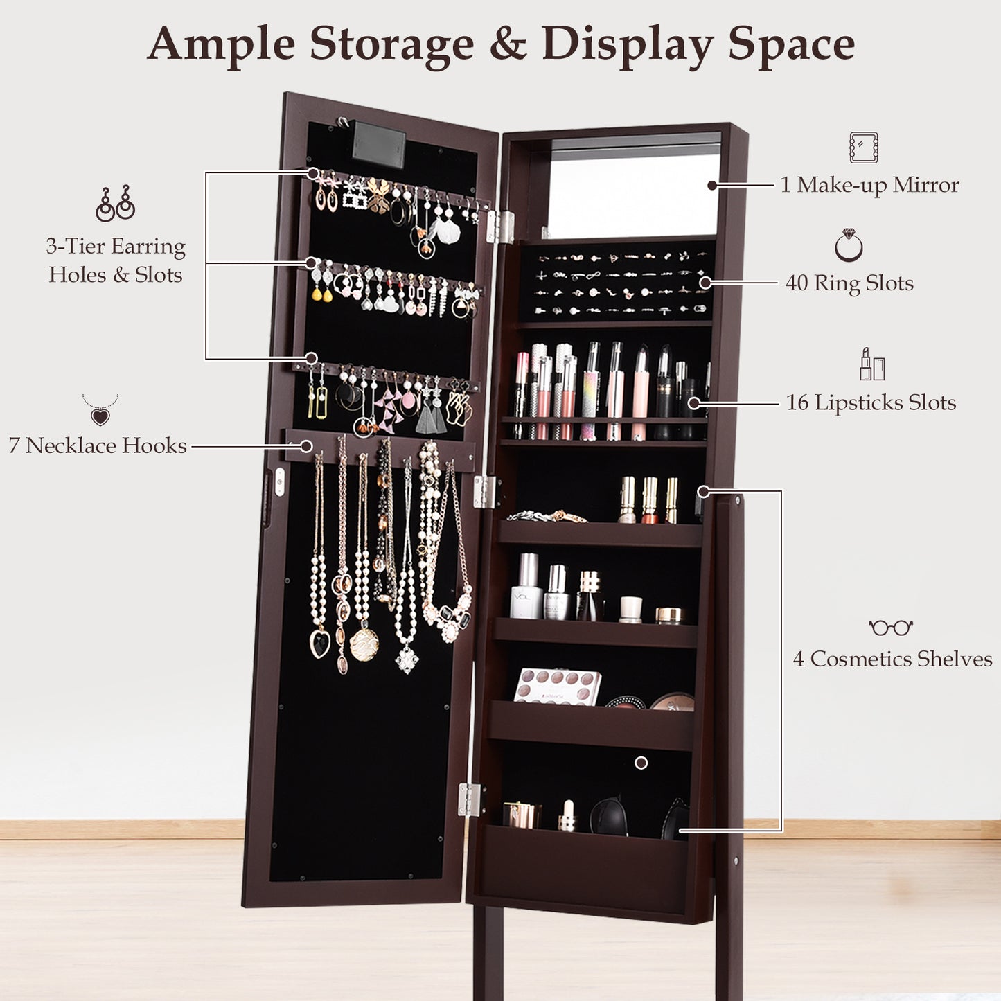 Mirrored Jewelry Cabinet Armoire Organizer w/ LED lights, Brown Jewelry Armoires at Gallery Canada