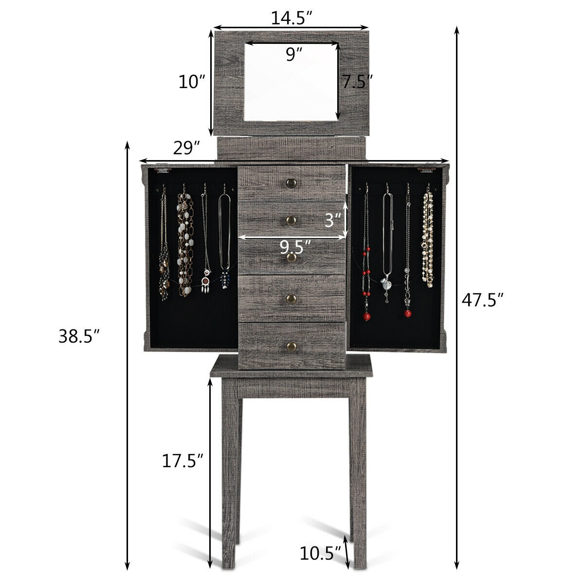 Standing Jewelry Cabinet Organizer, Wooden Legs, Gray Jewelry Armoires at Gallery Canada