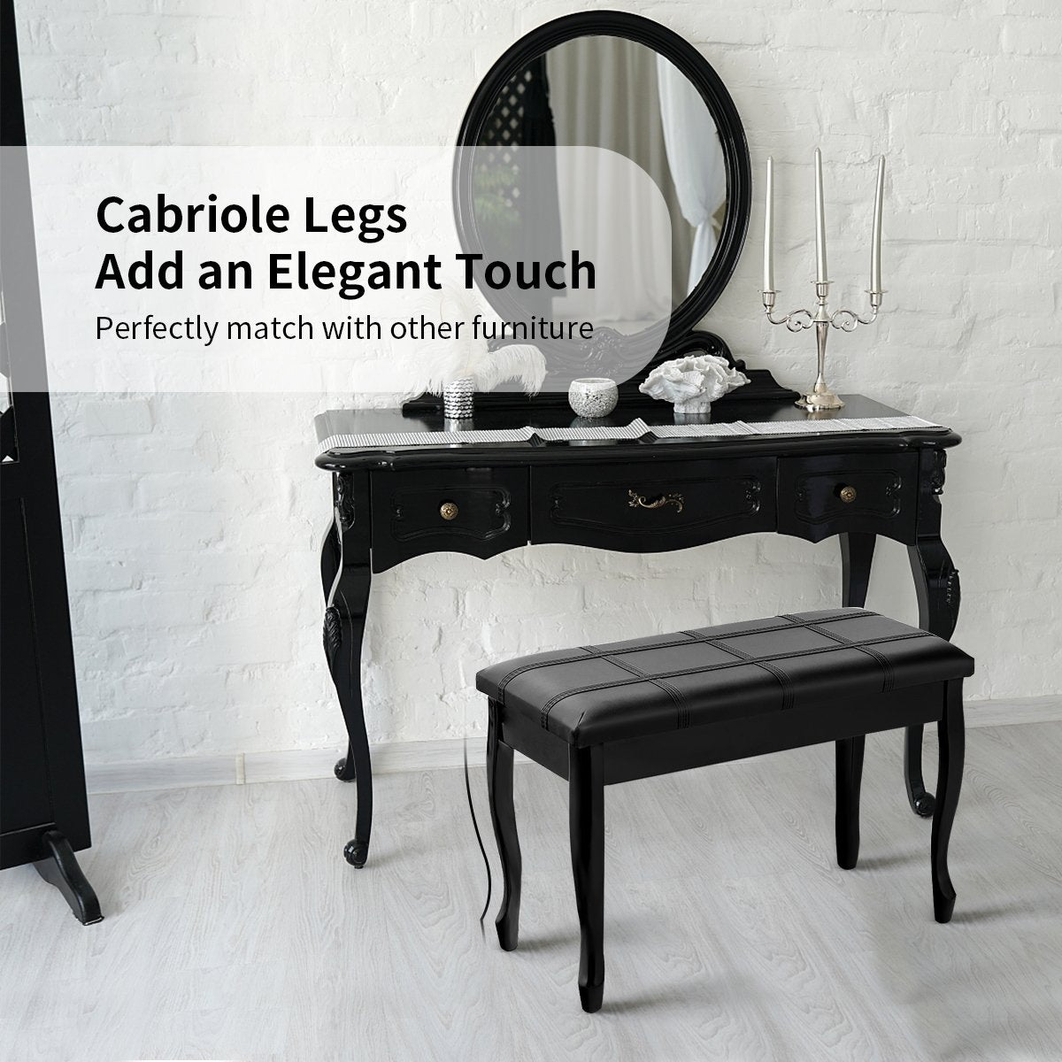 Solid Wood PU Leather Piano Bench with Storage, Black at Gallery Canada