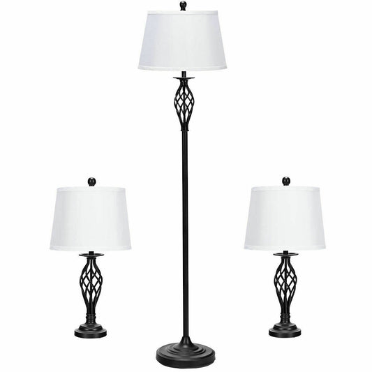 3 Pieces Lamp Set 2 Table Lamps 1 Floor Lamp with Fabric Shades, White