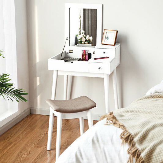 Vanity Dressing Table Set Flip Mirror Desk Furniture Stool, White Makeup Vanities White at Gallery Canada