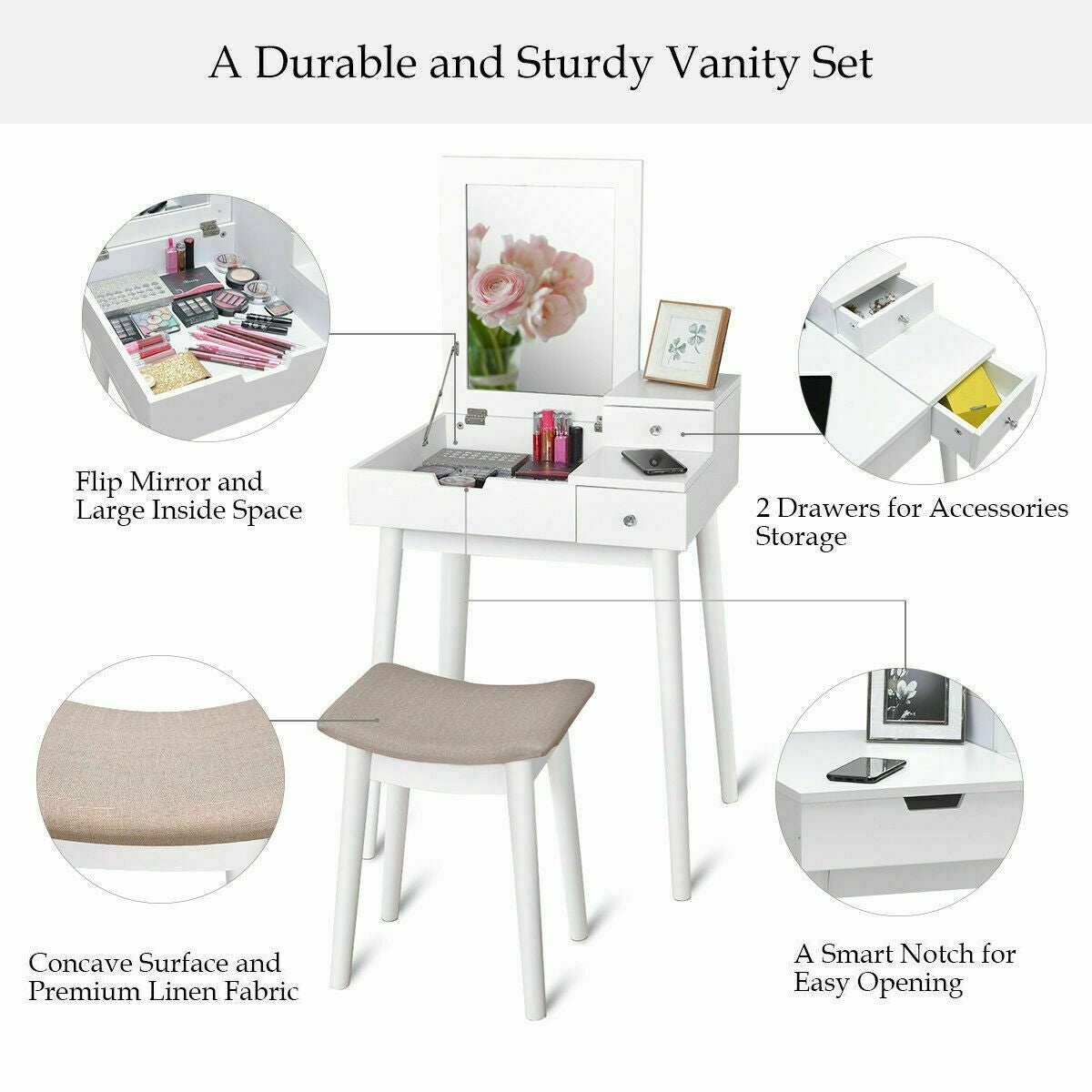 Vanity Dressing Table Set Flip Mirror Desk Furniture Stool, White Makeup Vanities at Gallery Canada
