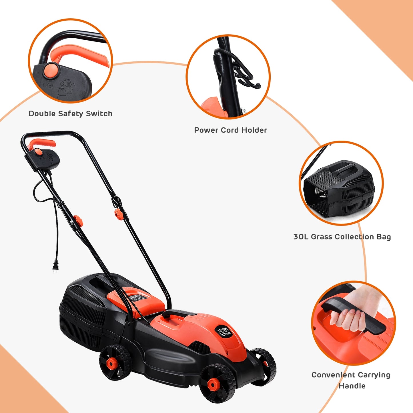 13 Inch Electric Push Lawn Corded Mower with Grass Bag, Red Garden Tools at Gallery Canada