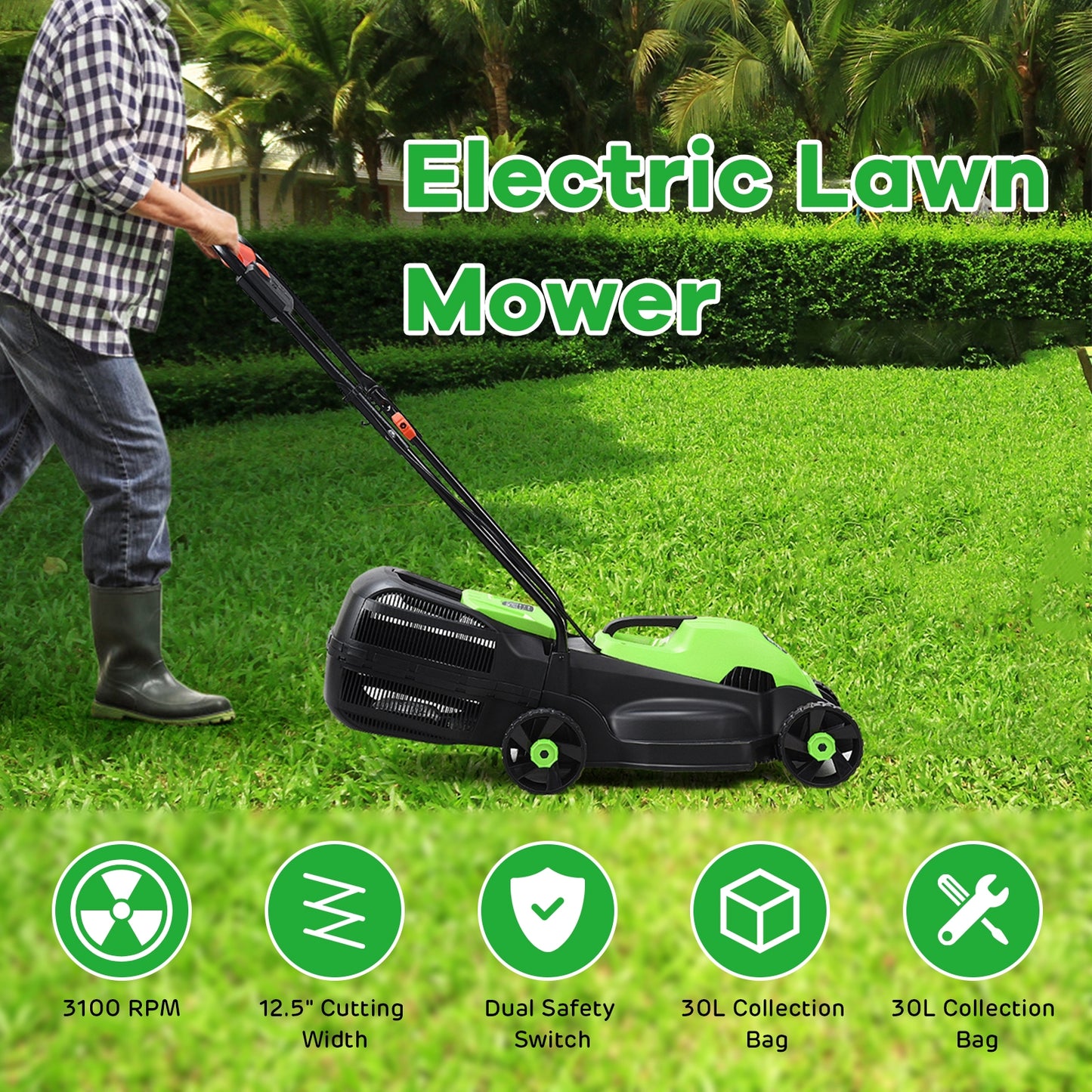 13 Inch Electric Push Lawn Corded Mower with Grass Bag, Green Garden Tools at Gallery Canada
