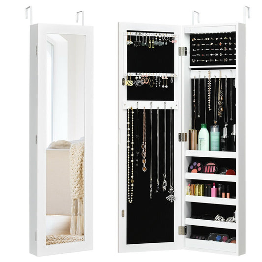Wall And Door Mirrored Jewelry Cabinet With LED Light, White