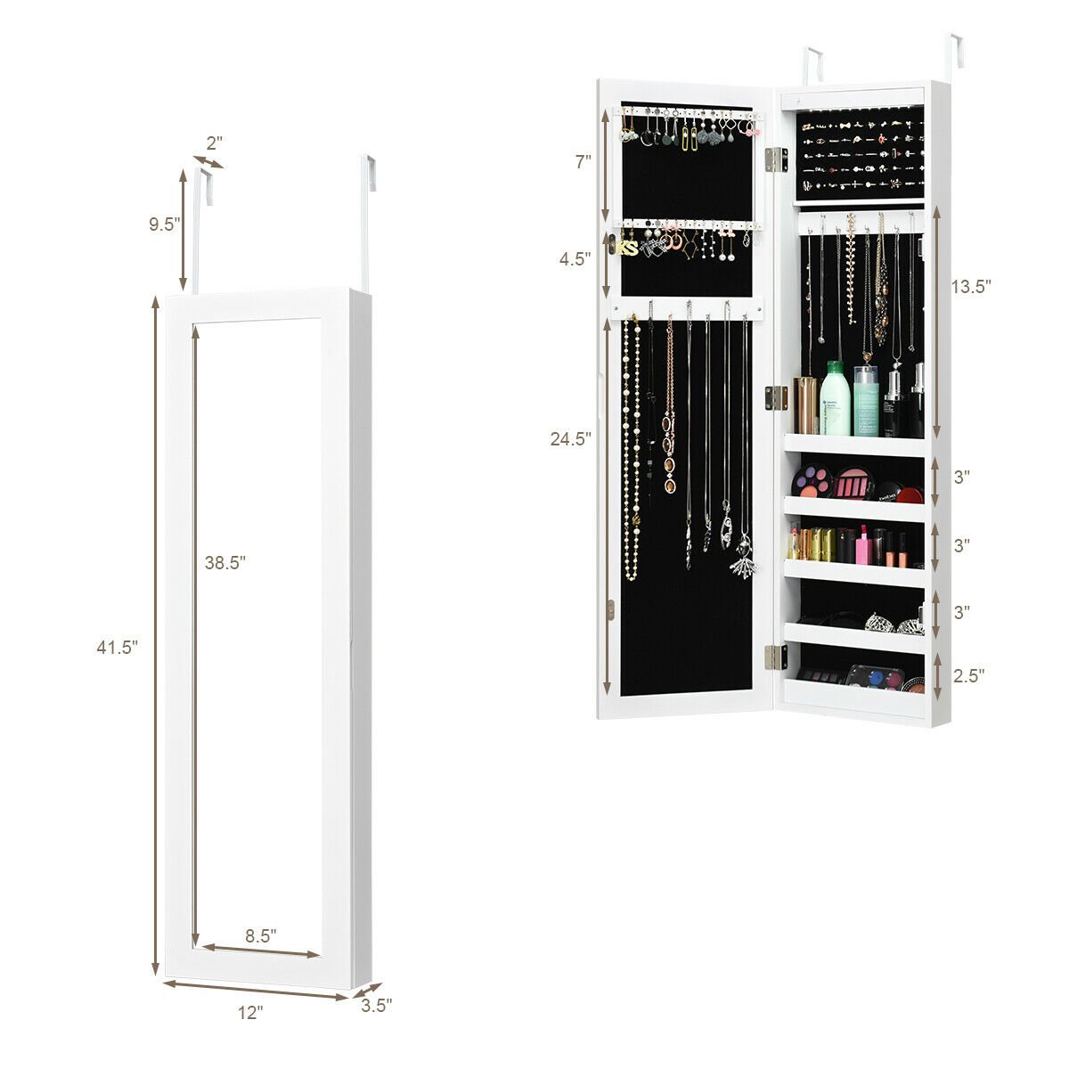 Wall And Door Mirrored Jewelry Cabinet With LED Light, White at Gallery Canada