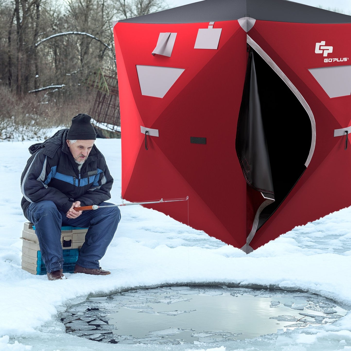 2-person Portable Pop-up Ice Shelter Fishing Tent with Bag, Red