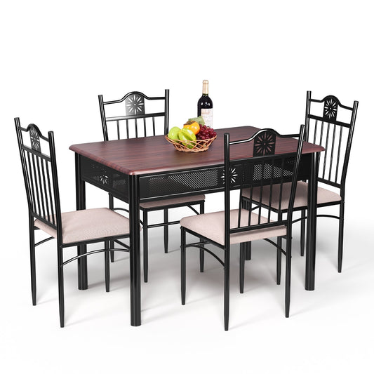 5 Pieces Dining Set Wood Metal Table and 4 Chairs with Cushions, Beige at Gallery Canada