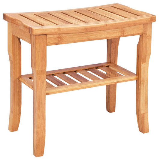 Bathroom Bamboo Shower Chair Bench with Storage Shelf, Natural