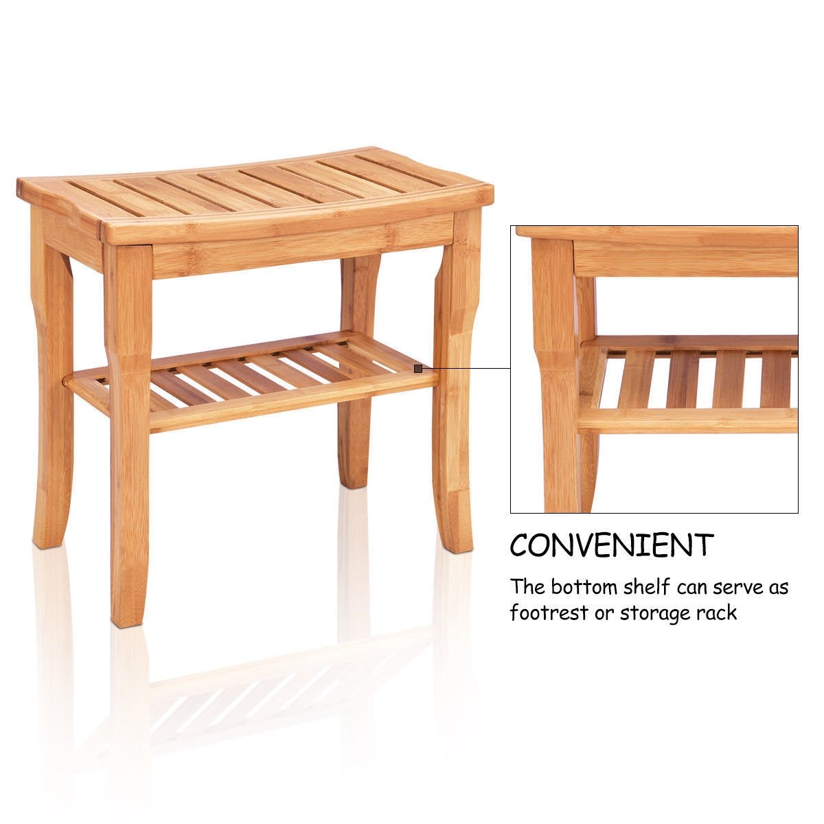 Bathroom Bamboo Shower Chair Bench with Storage Shelf, Natural at Gallery Canada