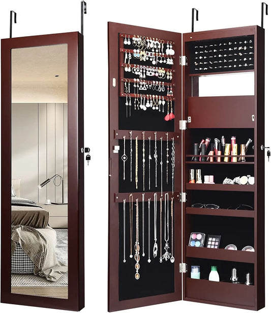 Lockable Wall Door Mounted Mirror Jewelry Cabinet with LED Lights, Brown at Gallery Canada