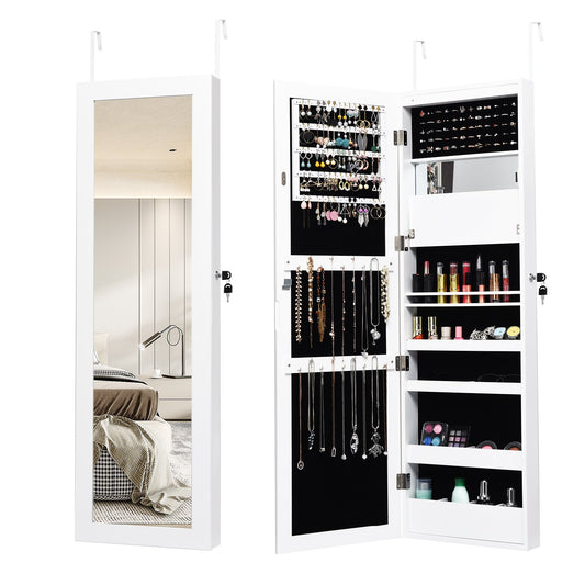 Lockable Wall Door Mounted Mirror Jewelry Cabinet with LED Lights, White at Gallery Canada