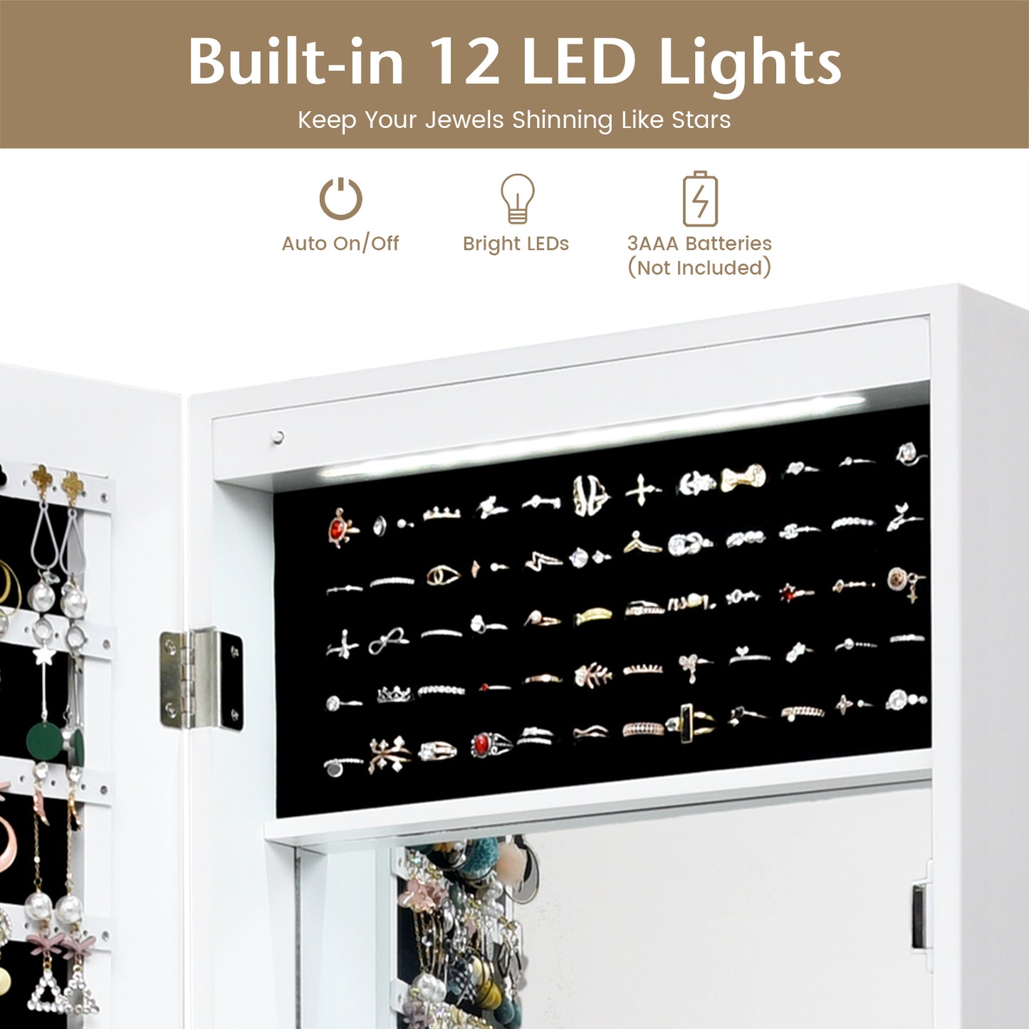 Wall Door Mounted Mirror Jewelry Cabinet With LED Lights, White