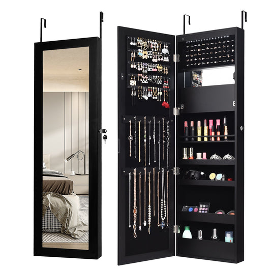 Lockable Wall Door Mounted Mirror Jewelry Cabinet with LED Lights, Black at Gallery Canada