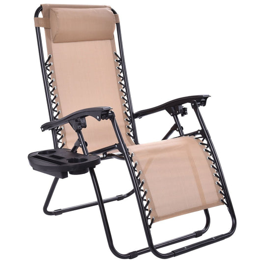 Outdoor Folding Zero Gravity Reclining Lounge Chair with Utility Tray, Beige at Gallery Canada