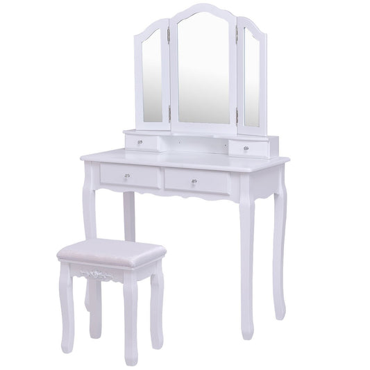 Tri Folding Mirror Vanity Table Stool Set with 4 Drawers and Cushioned Stool, White at Gallery Canada