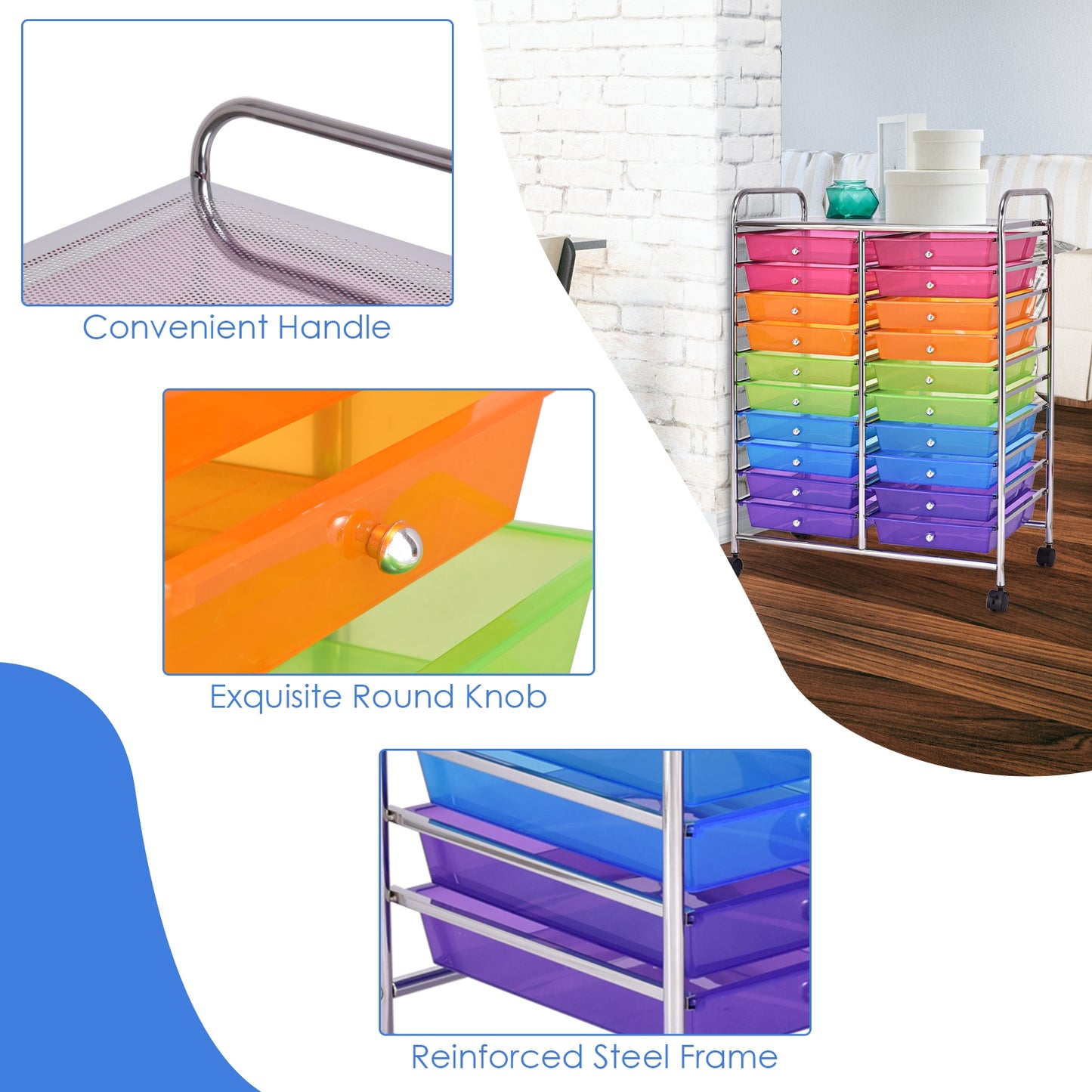 20 Drawers Storage Rolling Cart, Transparent, Multicolor