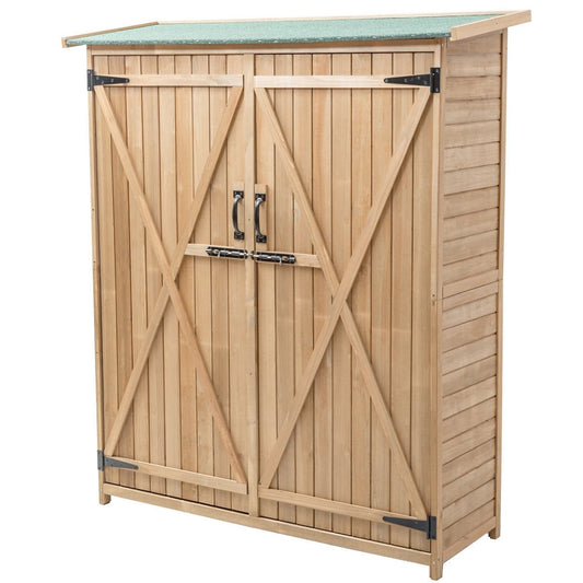 64 Inch Outdoor Wooden Storage Shed with Double Lockable Doors for Backyard, Natural
