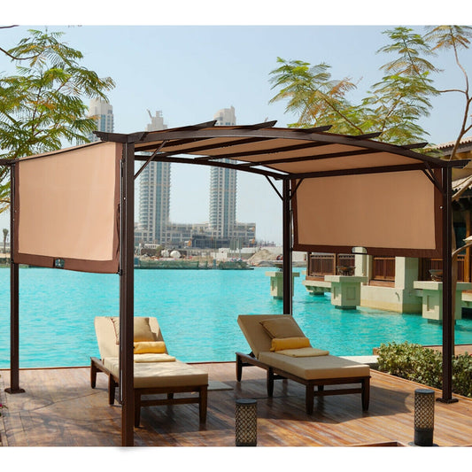 12 x 9 Feet Outdoor Pergola Gazebo with Retractable Canopy Shades, Brown