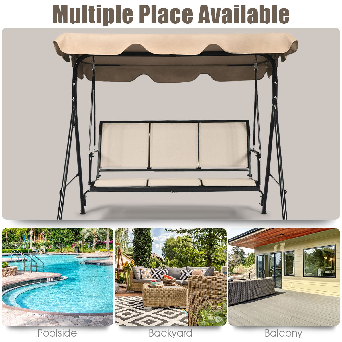 3 Person Steel Frame Patio Swing, Adjustable Canopy, Brown