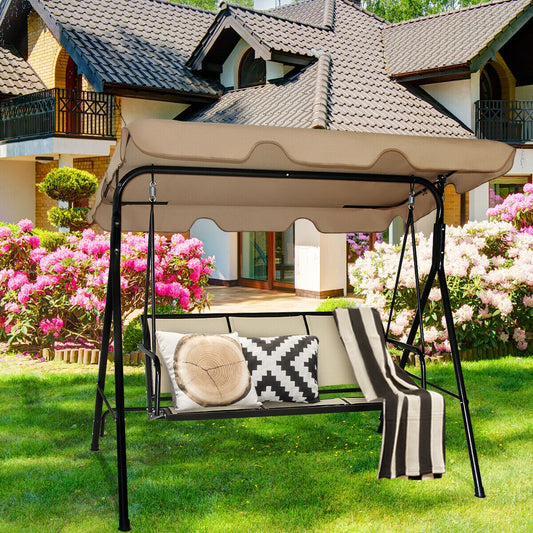 3 Person Steel Frame Patio Swing, Adjustable Canopy, Brown Porch Swings Brown at Gallery Canada