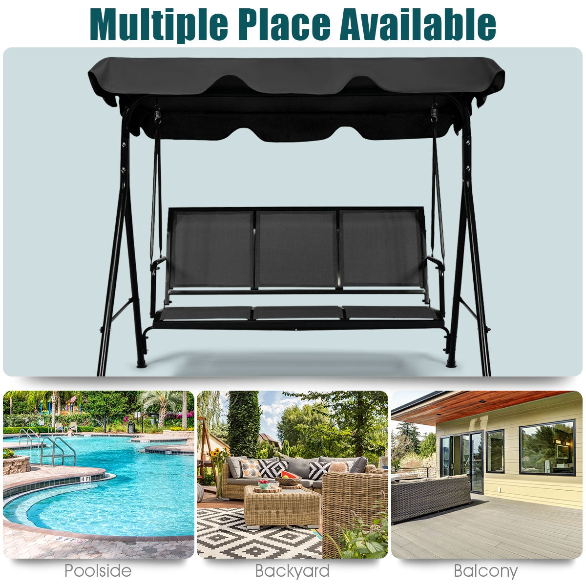 Outdoor Patio Swing Canopy 3 Person Canopy Swing Chair, Black Porch Swings at Gallery Canada