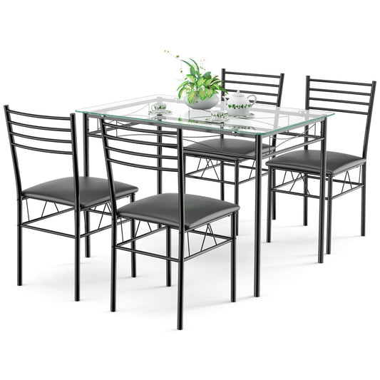 5 Pieces Dining Set with Tempered Glass Top Table and 4 Upholstered Chairs, Black at Gallery Canada