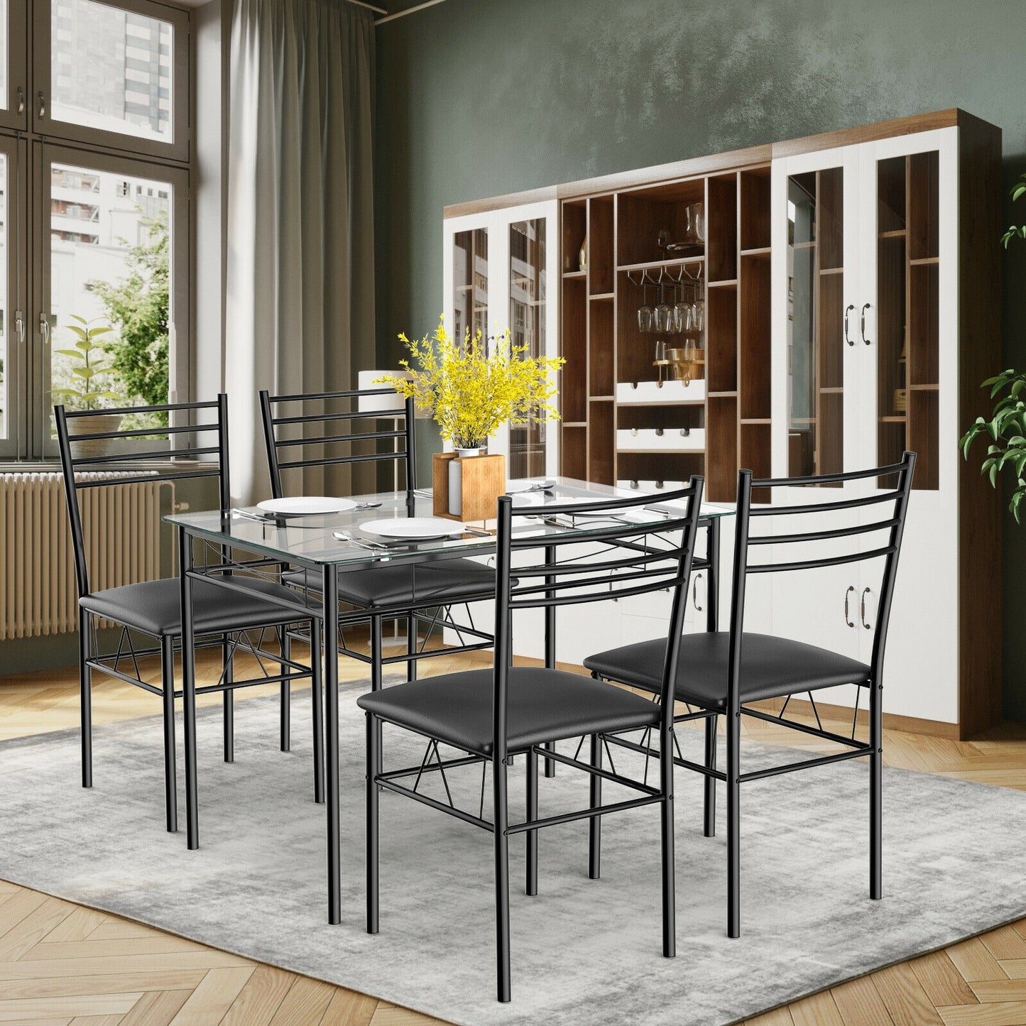 5 Pieces Dining Set with Tempered Glass Top Table and 4 Upholstered Chairs, Black Dining Room Sets at Gallery Canada