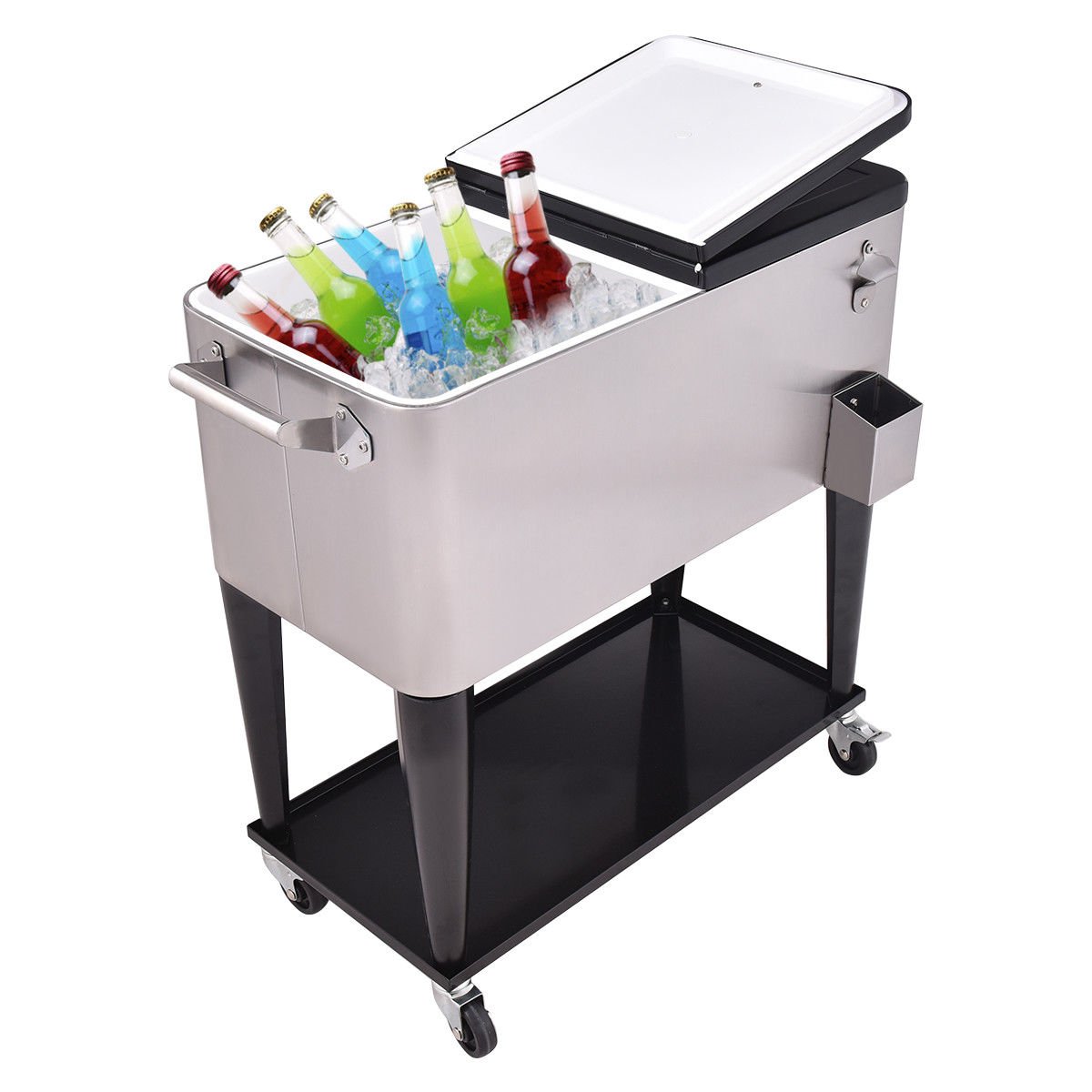 80 Quart Patio Rolling Stainless Steel Ice Beverage Cooler, Gray