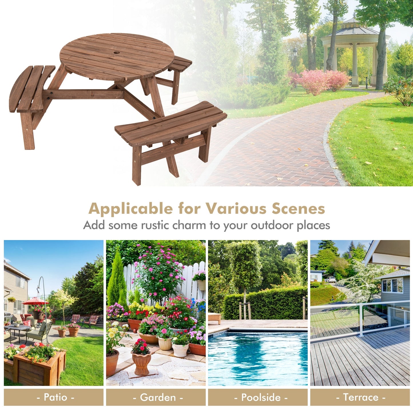 6 Person Wooden Picnic Table Set, Bench, Umbrella Hold Picnic Tables at Gallery Canada