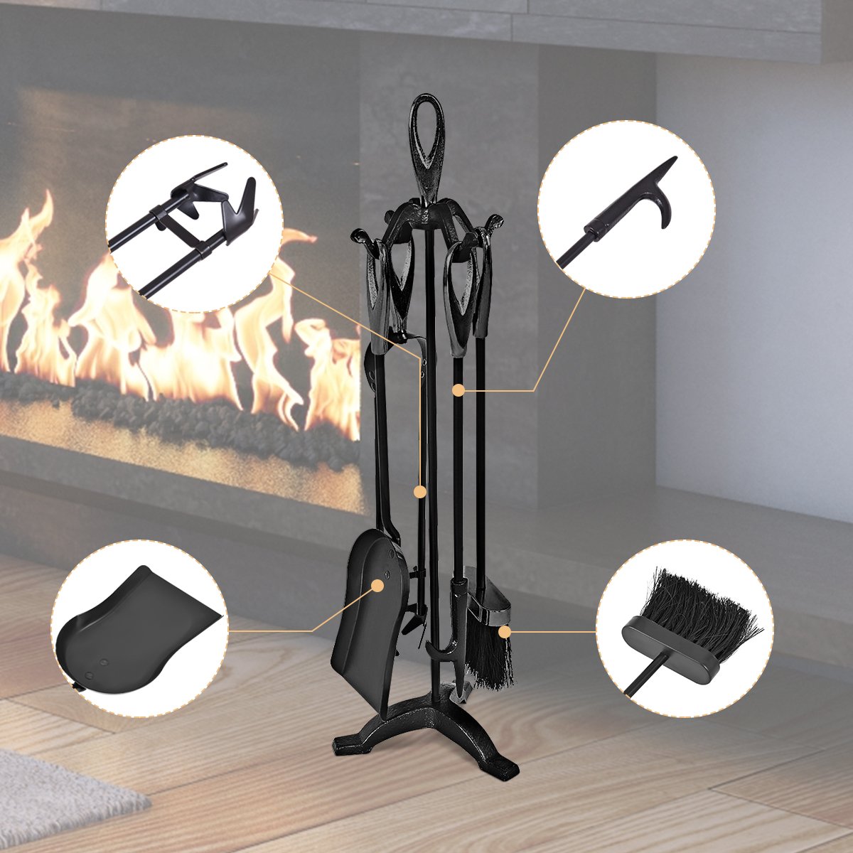 5 Pieces Rustic Heavy Duty Compact Wrought Iron Fireplace Tools Set, Black at Gallery Canada