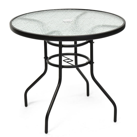 32 Inch Patio Tempered Glass Steel Frame Round Table with Convenient Umbrella Hole, Black at Gallery Canada