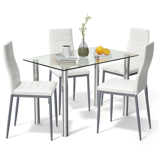 5 Pieces Dining Set with 4 PVC Leather Chairs, White at Gallery Canada