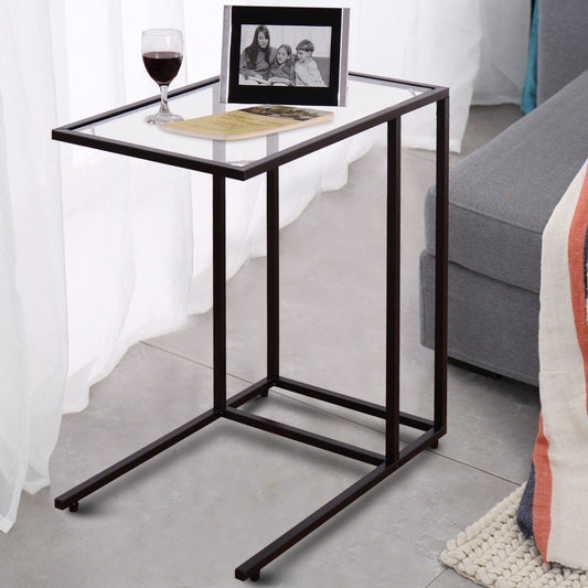 Sofa End Table Coffee Side Table with Glass Top, Black