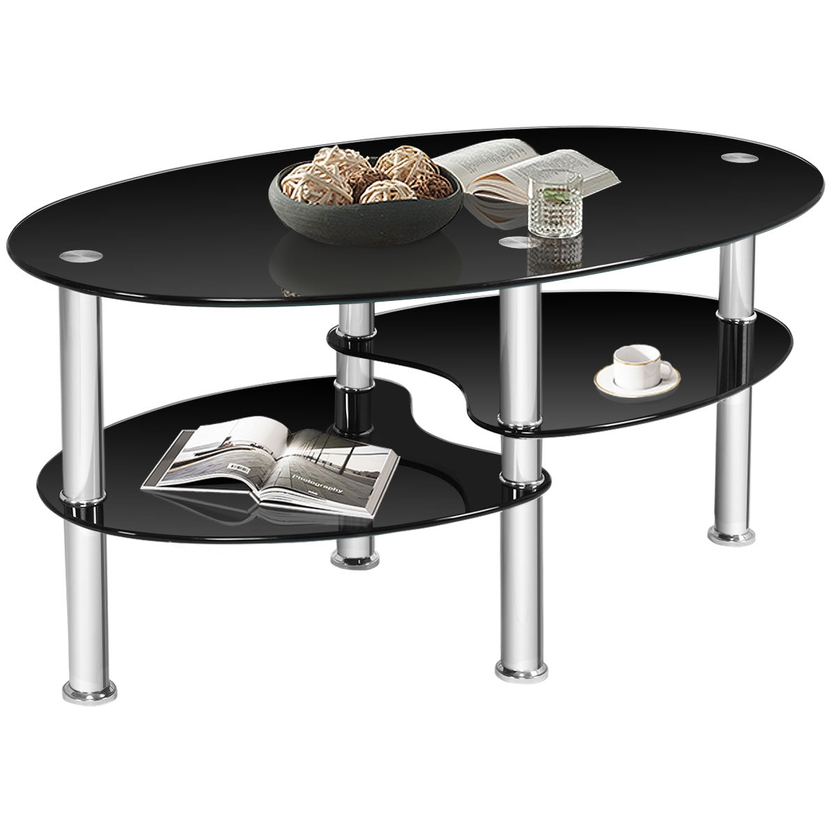 Tempered Glass Oval Side Coffee Table, Black Coffee Tables at Gallery Canada