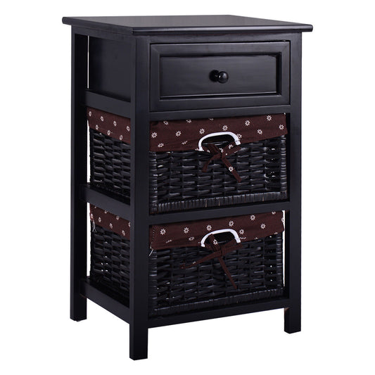 3-Tier Wooden Nightstand, 2 Baskets, 1 Drawer, Black Nightstands Black at Gallery Canada