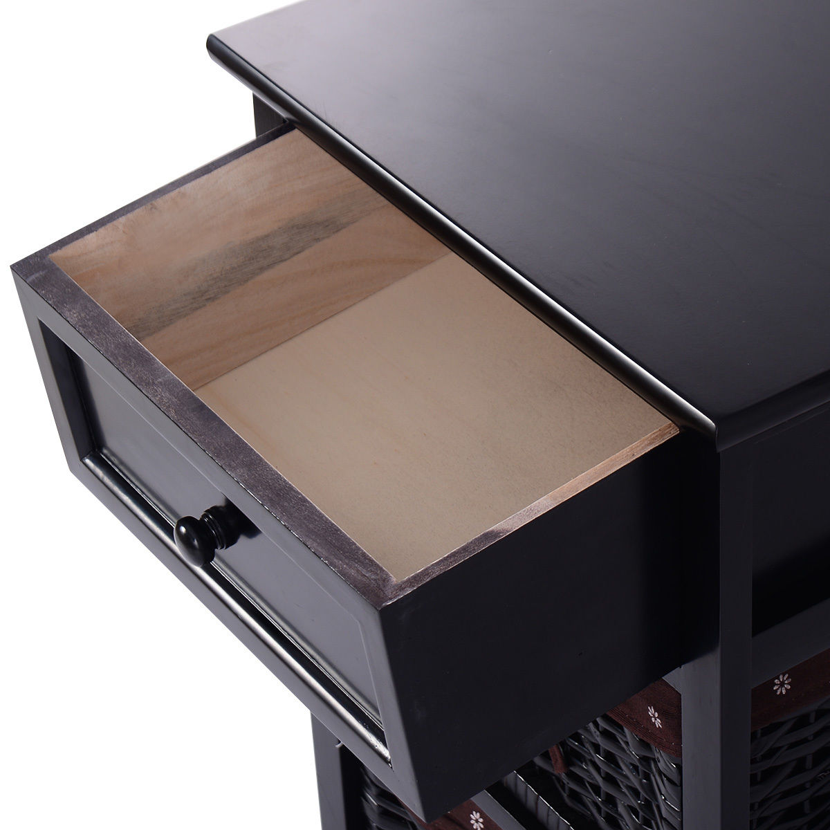 3-Tier Wooden Nightstand, 2 Baskets, 1 Drawer, Black