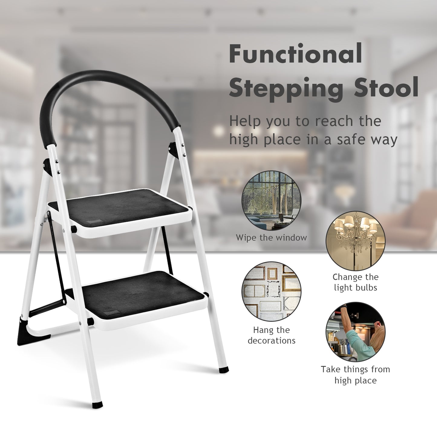 2.75 Feet Folding Step Stool, Iron Frame, Anti-Slip Pedals, 330lbs, Black Ladders at Gallery Canada